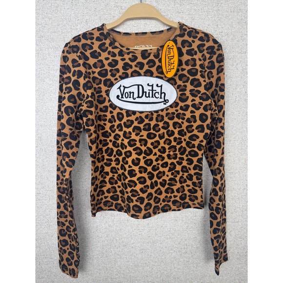 Von Dutch Tops - Von Dutch Leopard Print Long Sleeve Crop Top Y2K Logo Patch Womens M NWT